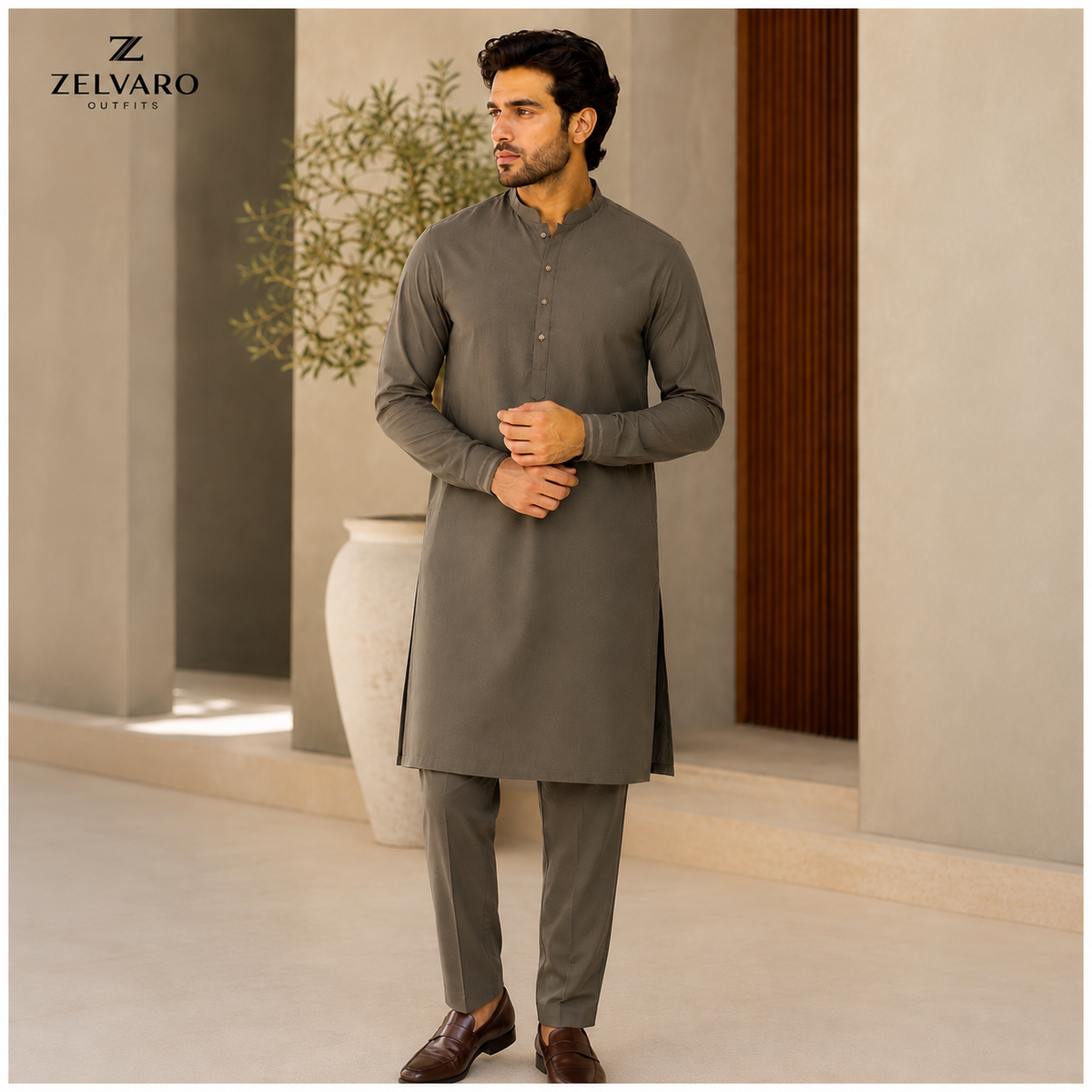 Zalvaro Luxury Steel Khaki Men's Unstitched