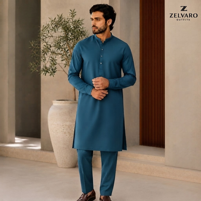 Zelvaro Luxury Steel Blue Men's Unstitched Suit